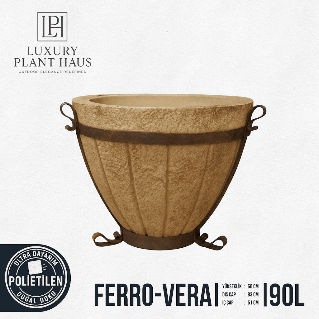 FERRO-VERA Doğal Taş Dokulu Eskitilmiş Metal Detaylı Rustik Saksı (90 L)